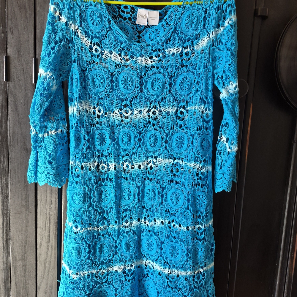Crochet Long Sleeve Dress in Turquoise - Lace Overlay